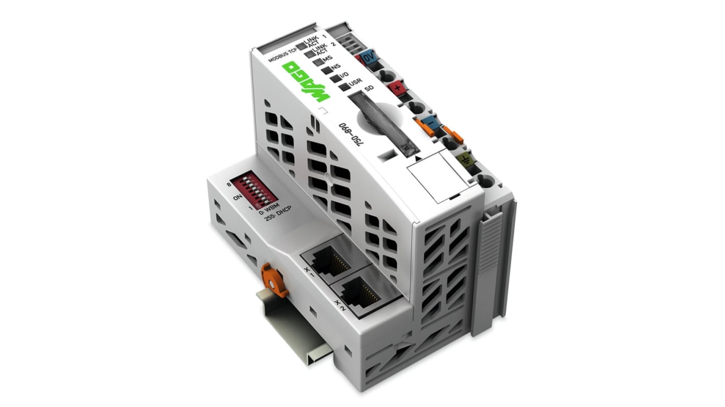 Wago 750-890/025-000, controller TCP Modbus con 2 ingressi, 24 V, 8 MB di memoria, 2 porte Ethernet, IP20.
