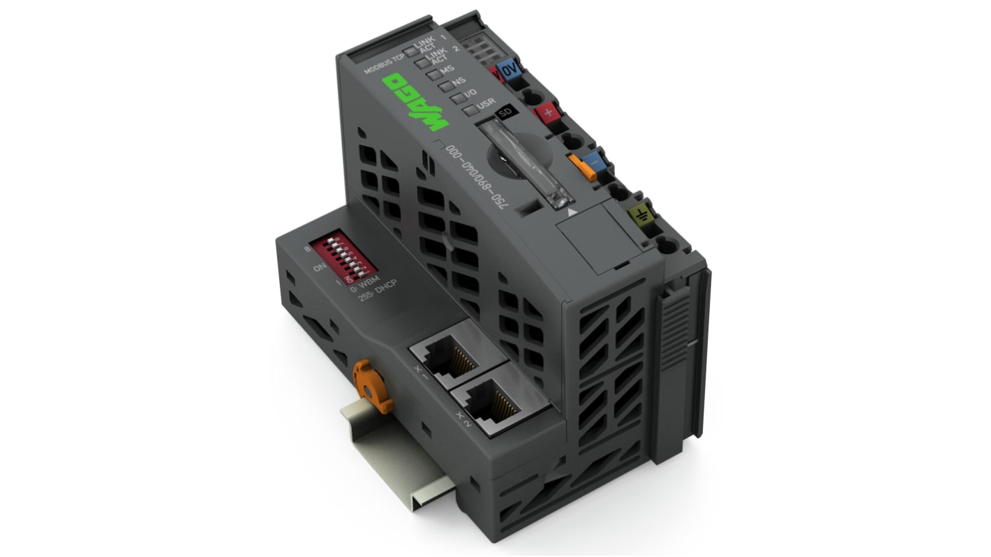 Wago 750-890/040-000, controller TCP Modbus con 2 ingressi, alimentazione 24 V, 8 MB di memoria, 2 porte Ethernet.