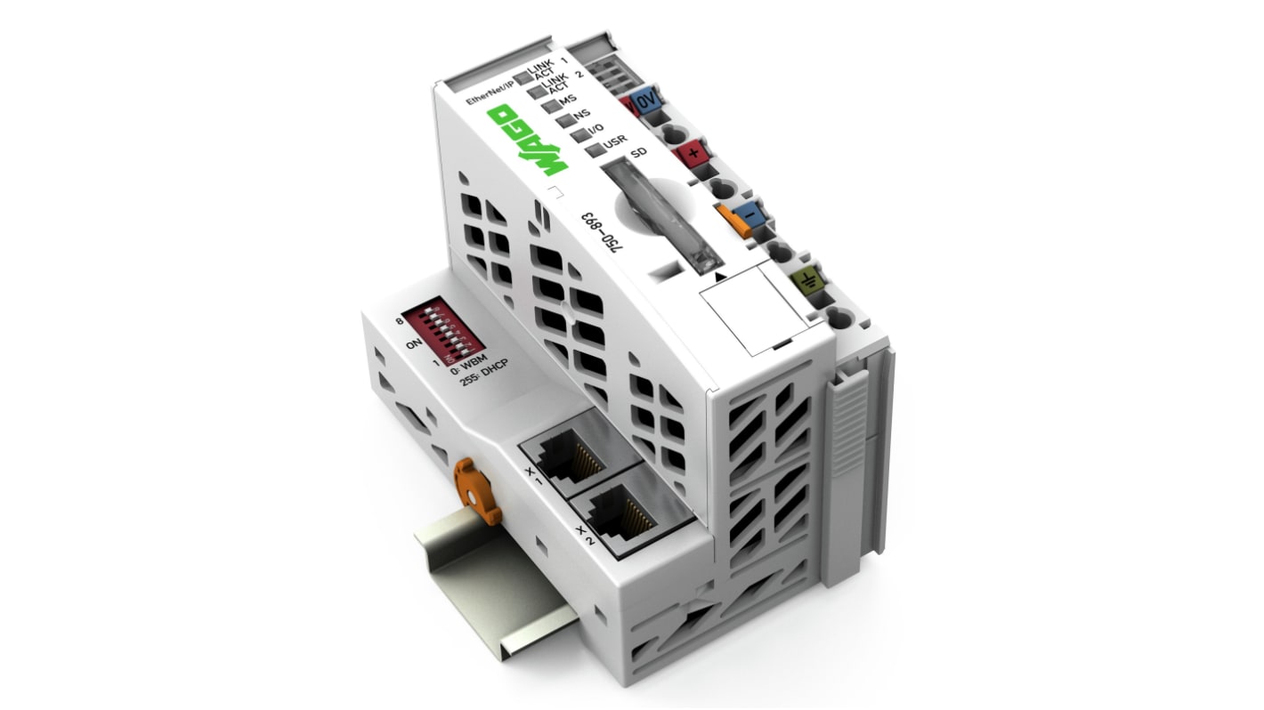 Wago 750-893, controller Ethernet/IP con 2 ingressi, alimentazione 24 V, peso 151,8 g, compatibile con moduli I/O serie 750/753.