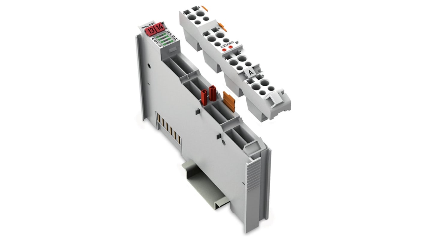 Modulo di uscita digitale Wago 753-537, otto canali, alimentazione 24 V c.c., protezione cortocircuito, peso 42,8 g.
