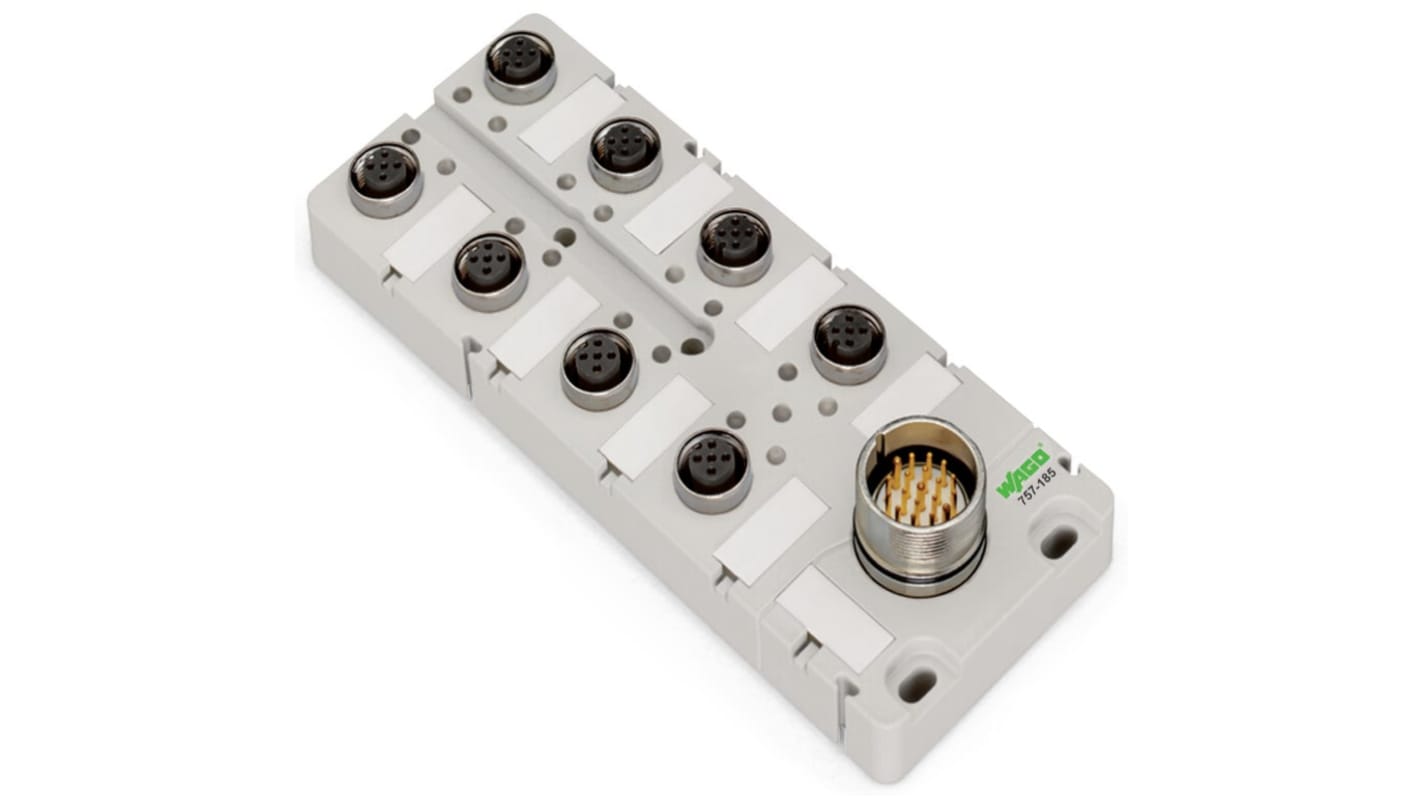 Hub attuatore Wago 757-184, 8 porte M12, tensione 10-30V cc, orientamento orizzontale, conforme a RoHS.