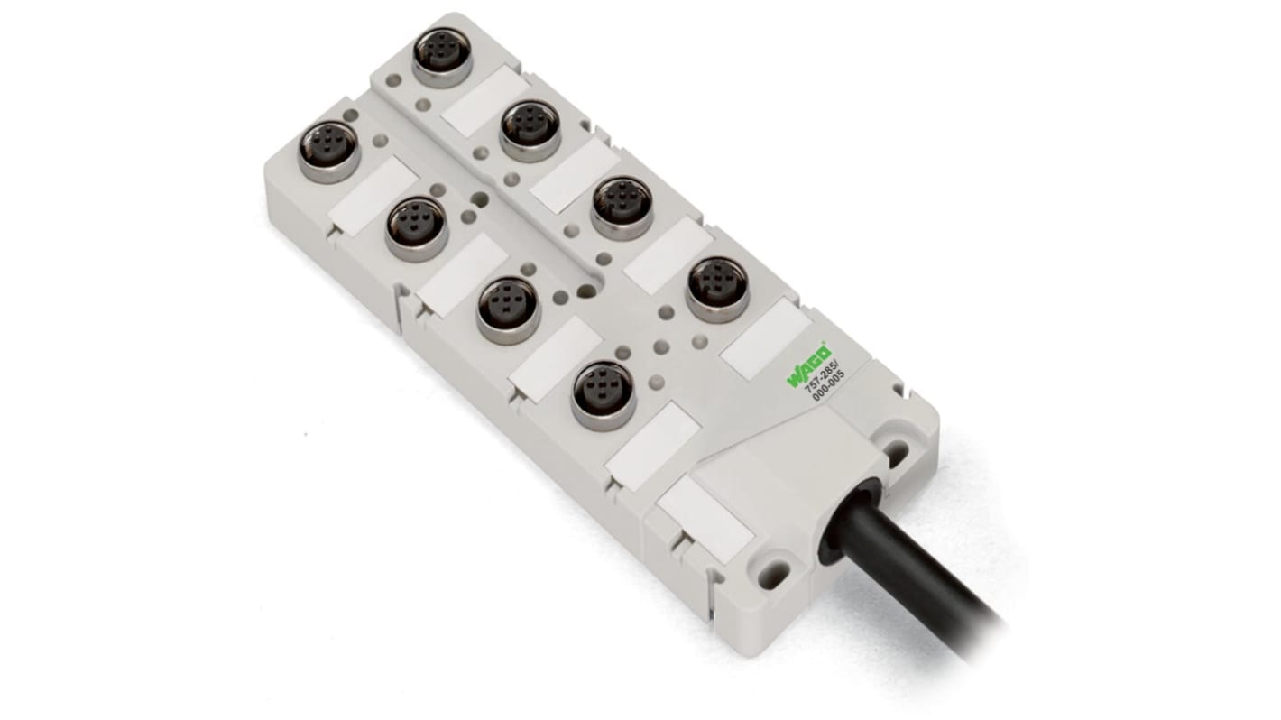 Hub attuatore Wago 757-285/000-025, 8 porte M12, tensione 10-30V cc, orientamento orizzontale, lunghezza cavo 25m, conforme a RoHS.