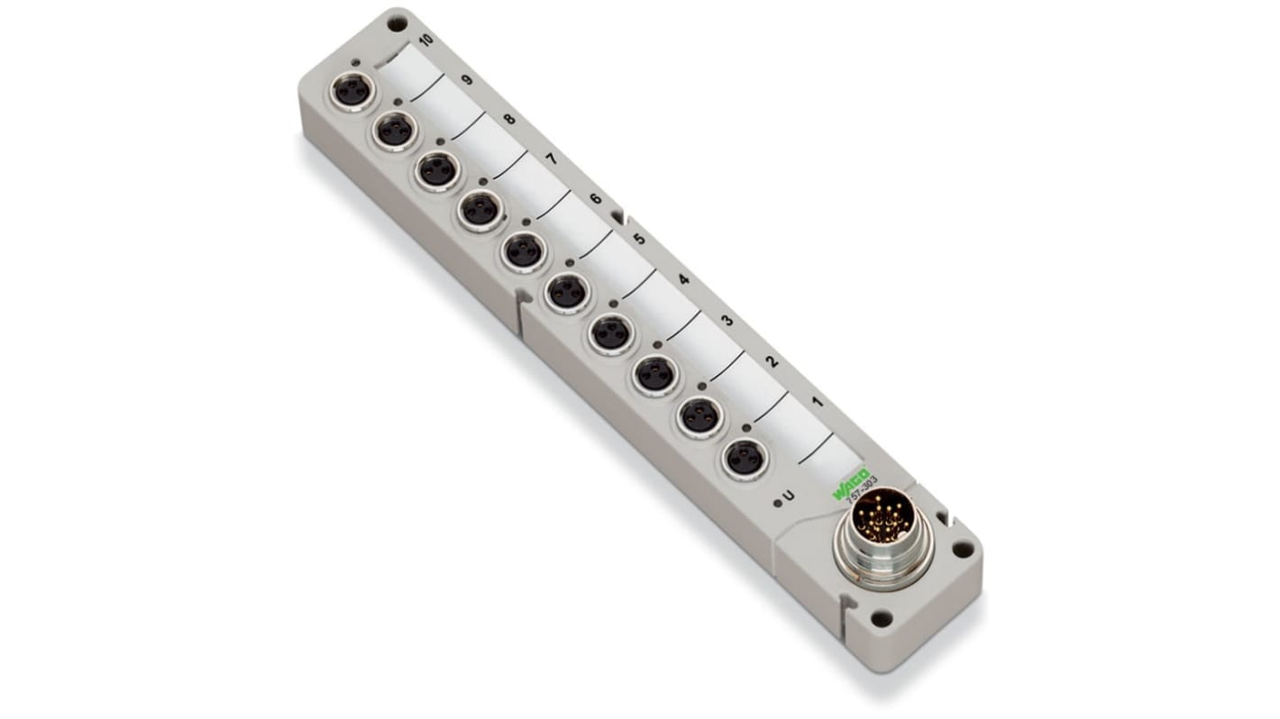 Wago 757303, hub attuatore orizzontale 10 porte M8, tensione 10-30V cc, montaggio a vite, protezione IP67.