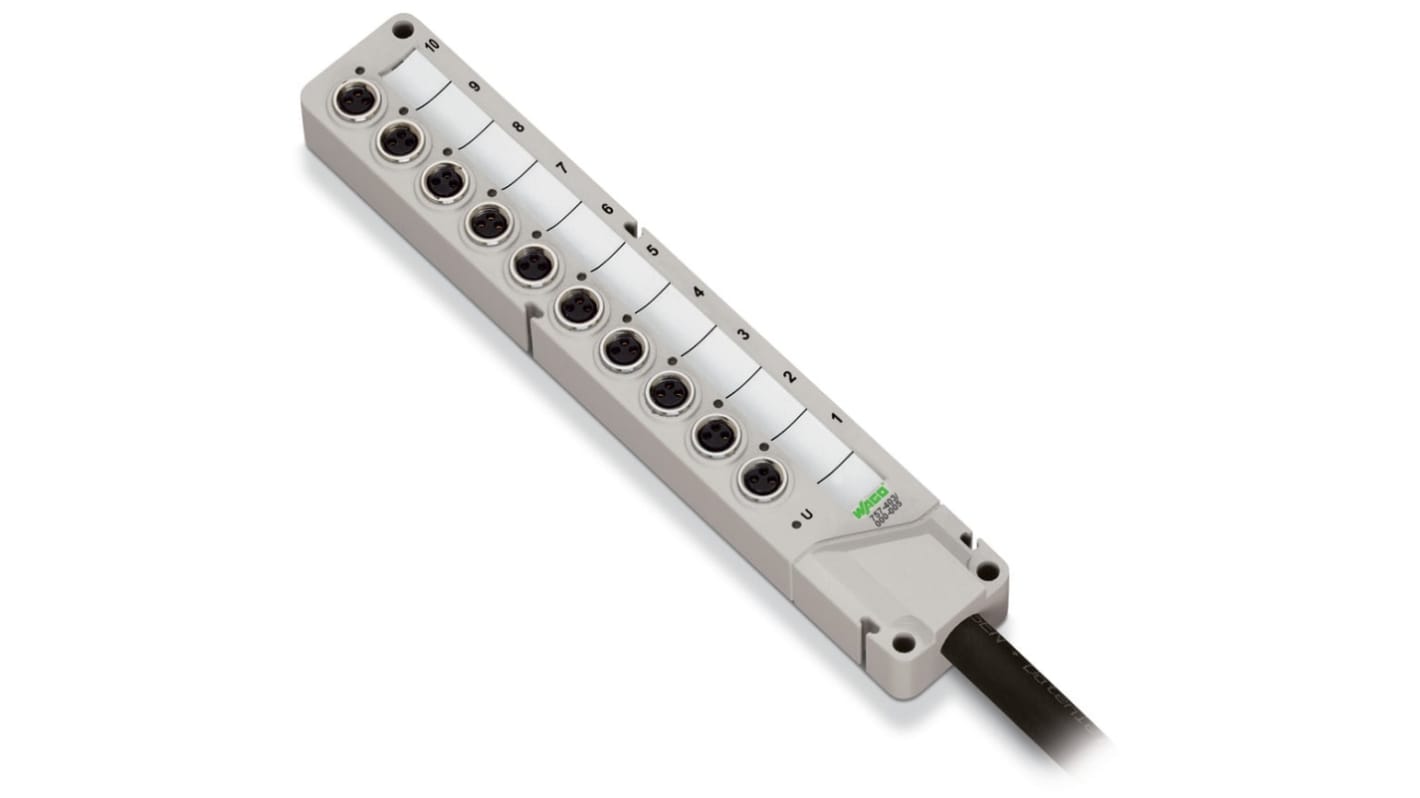 Wago 757-483/000-005, hub attuatore 8 porte M8, tensione 10-30V cc, montaggio a vite, protezione IP68, cavo 5 m.