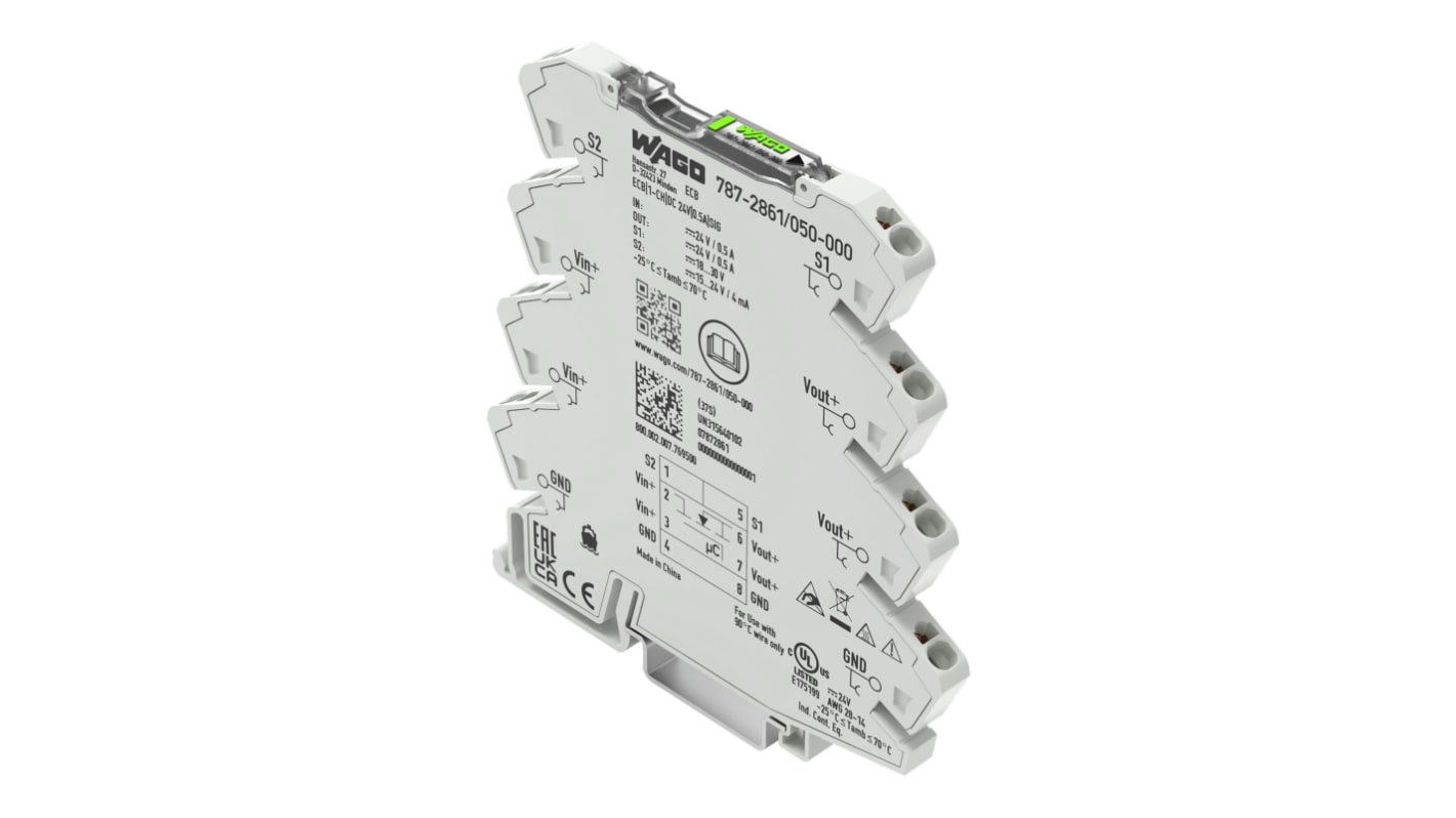 Interruttore di sicurezza elettronico Wago 787286105000, 500mA, 24V, montaggio su guida DIN-35, conforme a RoHS.
