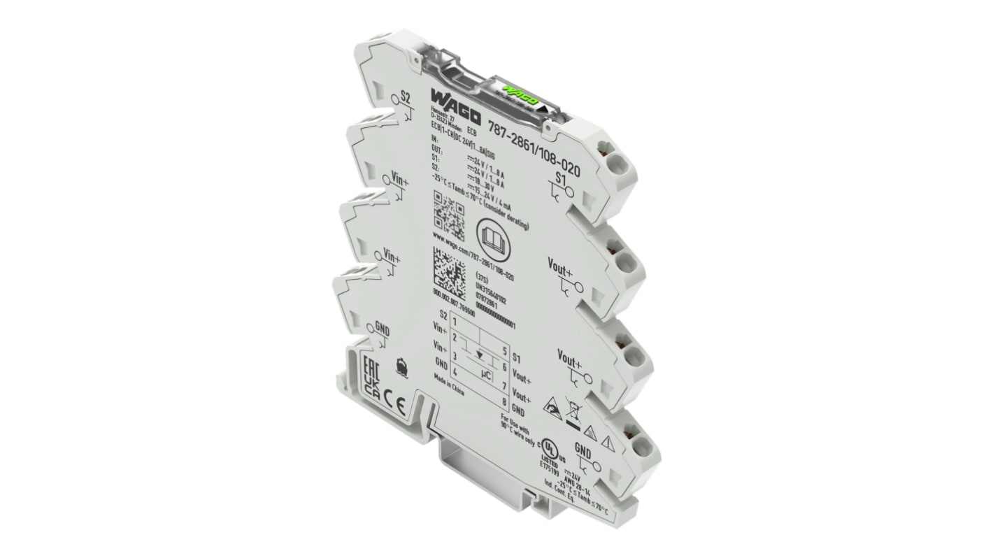 Interruttore di sicurezza elettronico Wago 7872861/108020, 8A, 24V, montaggio su guida DIN, con due uscite di tensione.