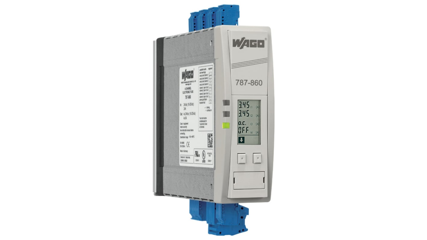 Interruttore di sicurezza elettronico Wago 787-860, 6A, 24V, 4 canali, montaggio su guida DIN-35, conforme a RoHS.