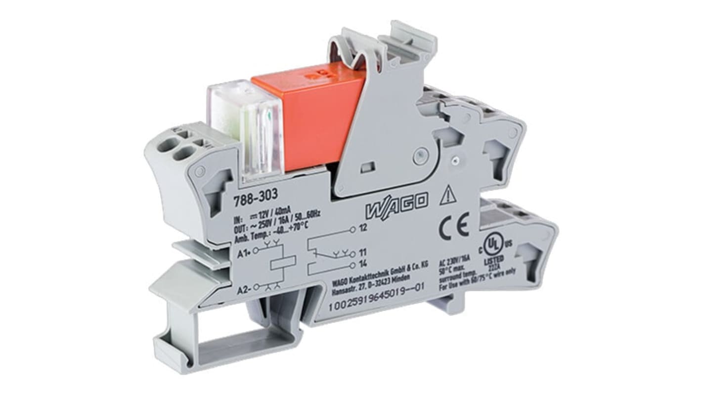 Modulo relè Wago 788-303 SPDT per guida DIN, tensione 12V cc, corrente 16A, montaggio su guida DIN-35.