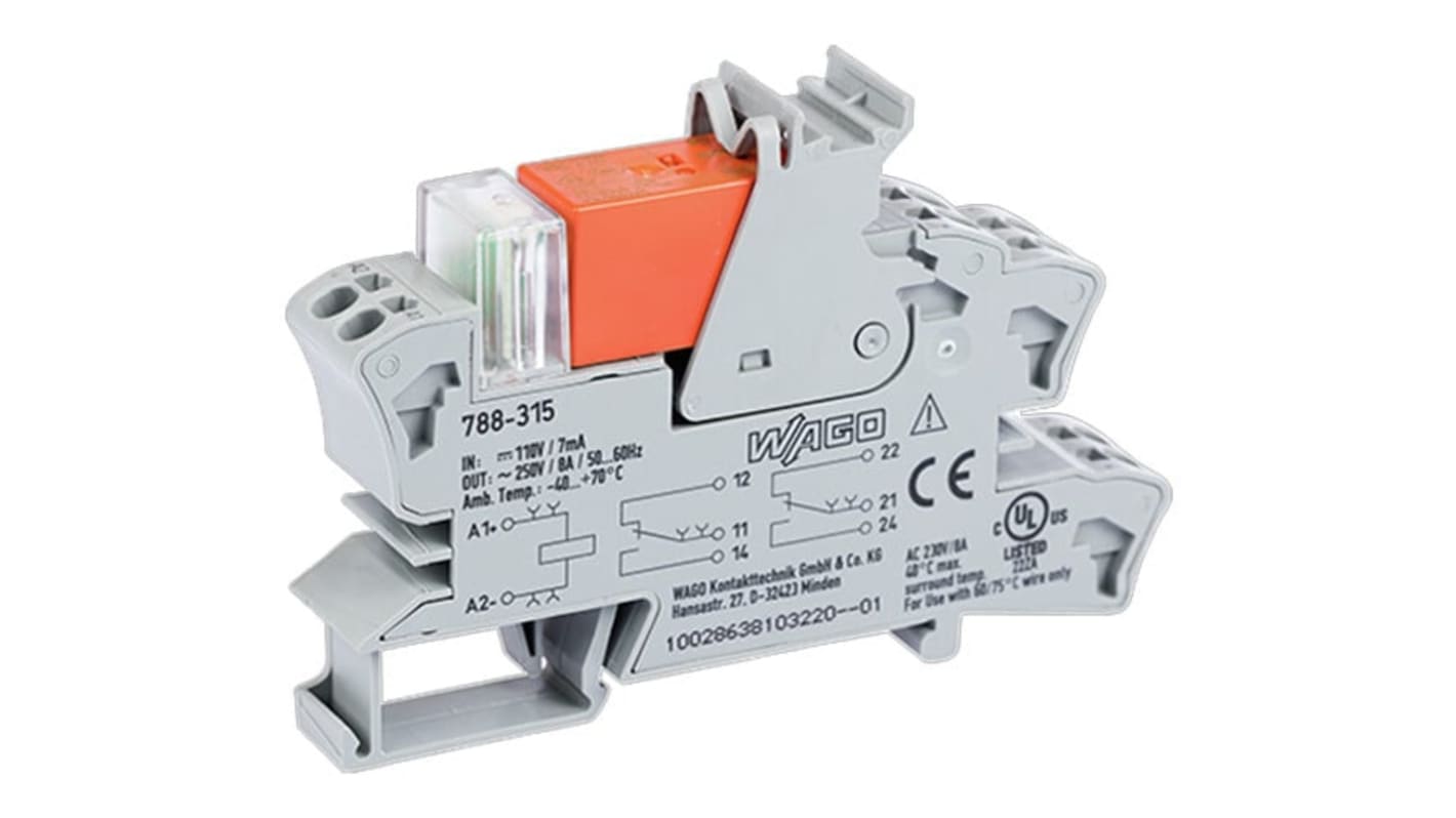 Modulo relè Wago 788-315 DPDT per guida DIN, tensione bobina 110V cc, corrente di carico 8A, conforme a RoHS.