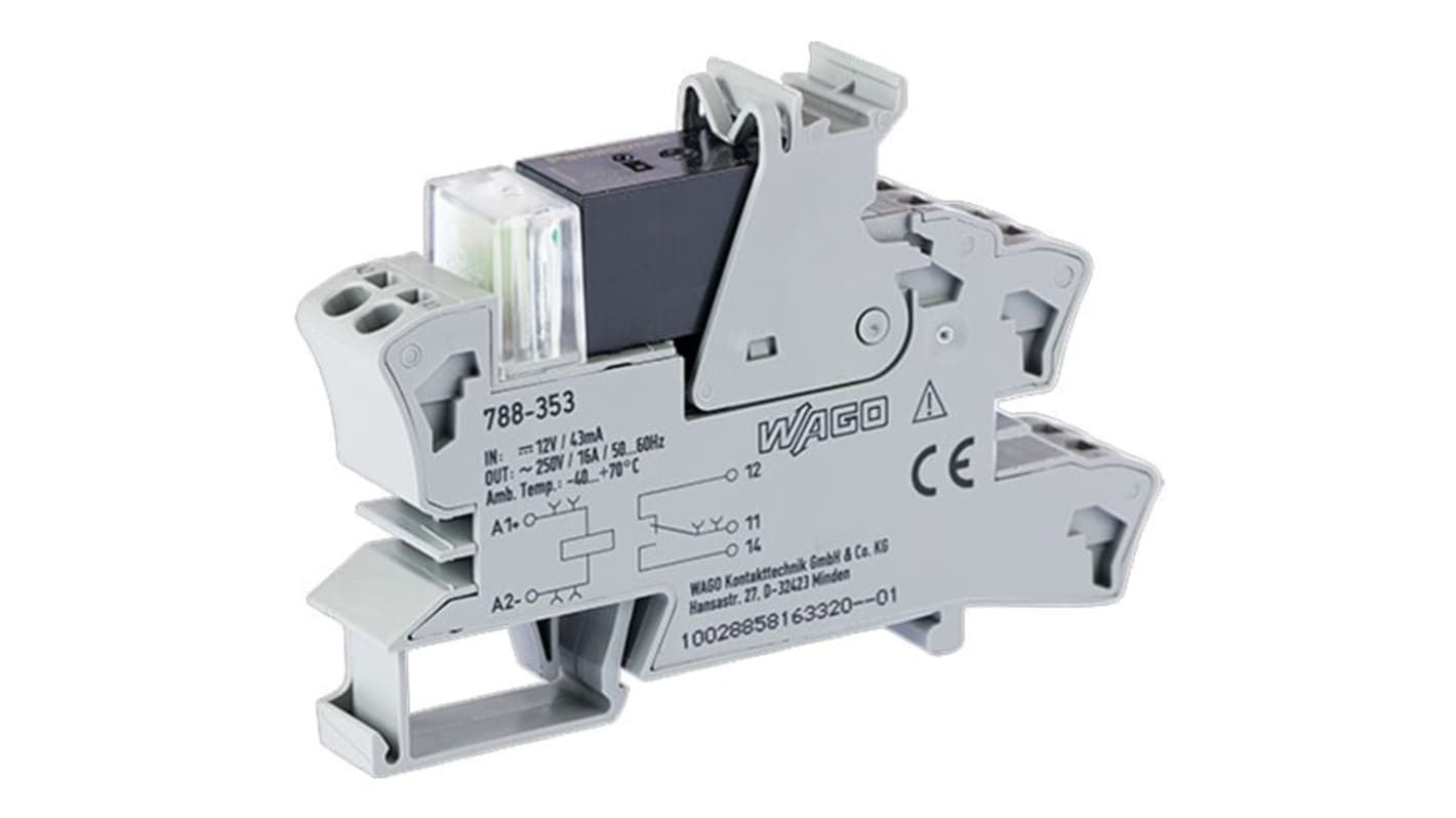 Modulo relè Wago 788-353, 12V cc, SPDT, 16A, montaggio su guida DIN-35, conforme a RoHS.
