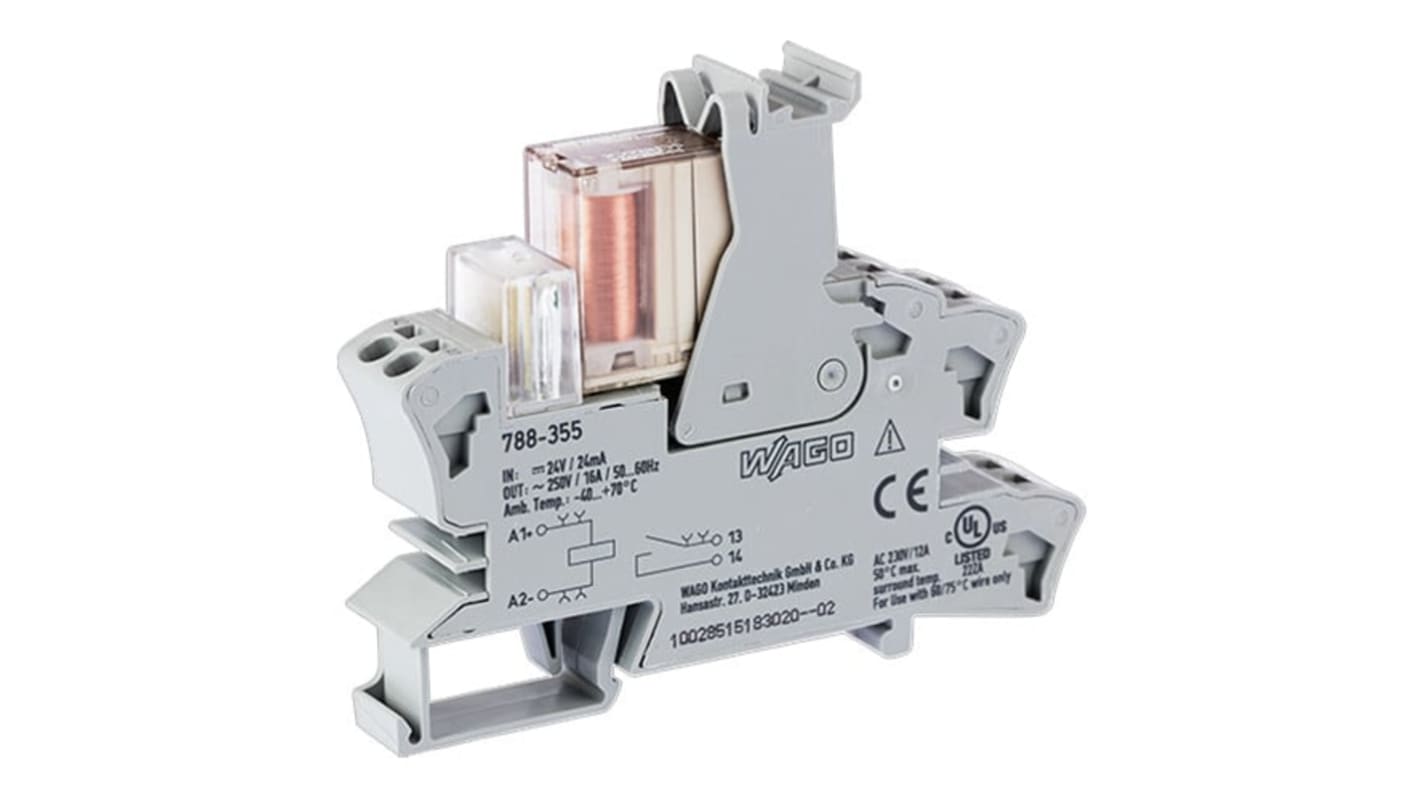 Modulo relè Wago 788355 per guida DIN, tensione 24V cc, corrente 16A, montaggio su guida DIN-35. Contatti in lega d'argento.
