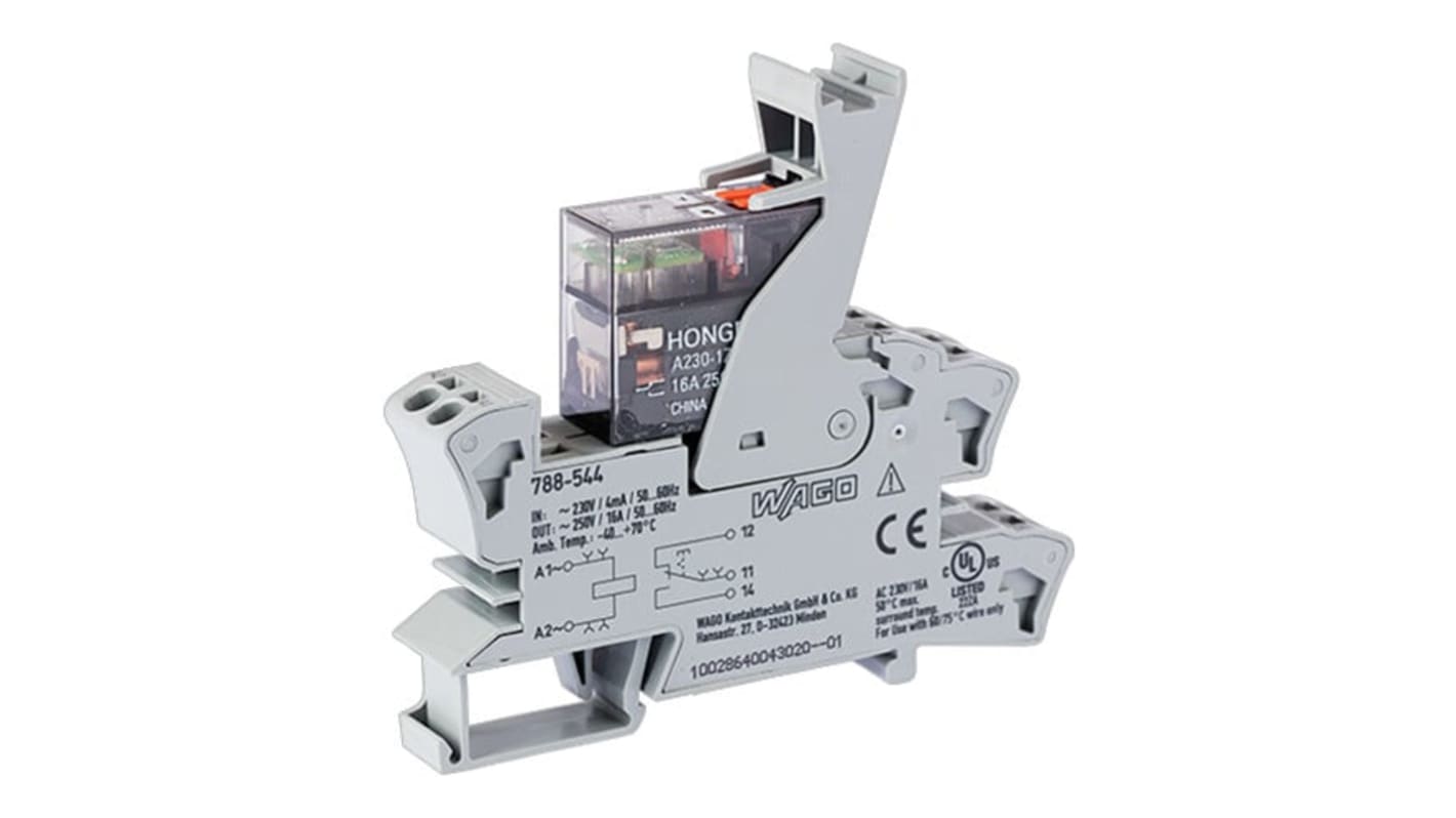Modulo relè Wago 788544 SPDT per guida DIN, tensione 230V, corrente 16A, montaggio su guida DIN-35.