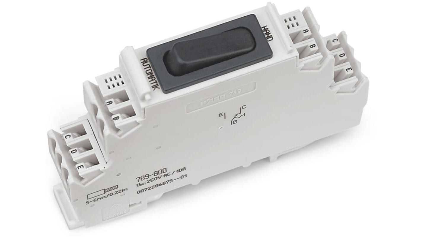 Interruttore automatico Wago 789-800, 10A 250V, montaggio su guida DIN 35, tecnologia CAGE CLAMP.