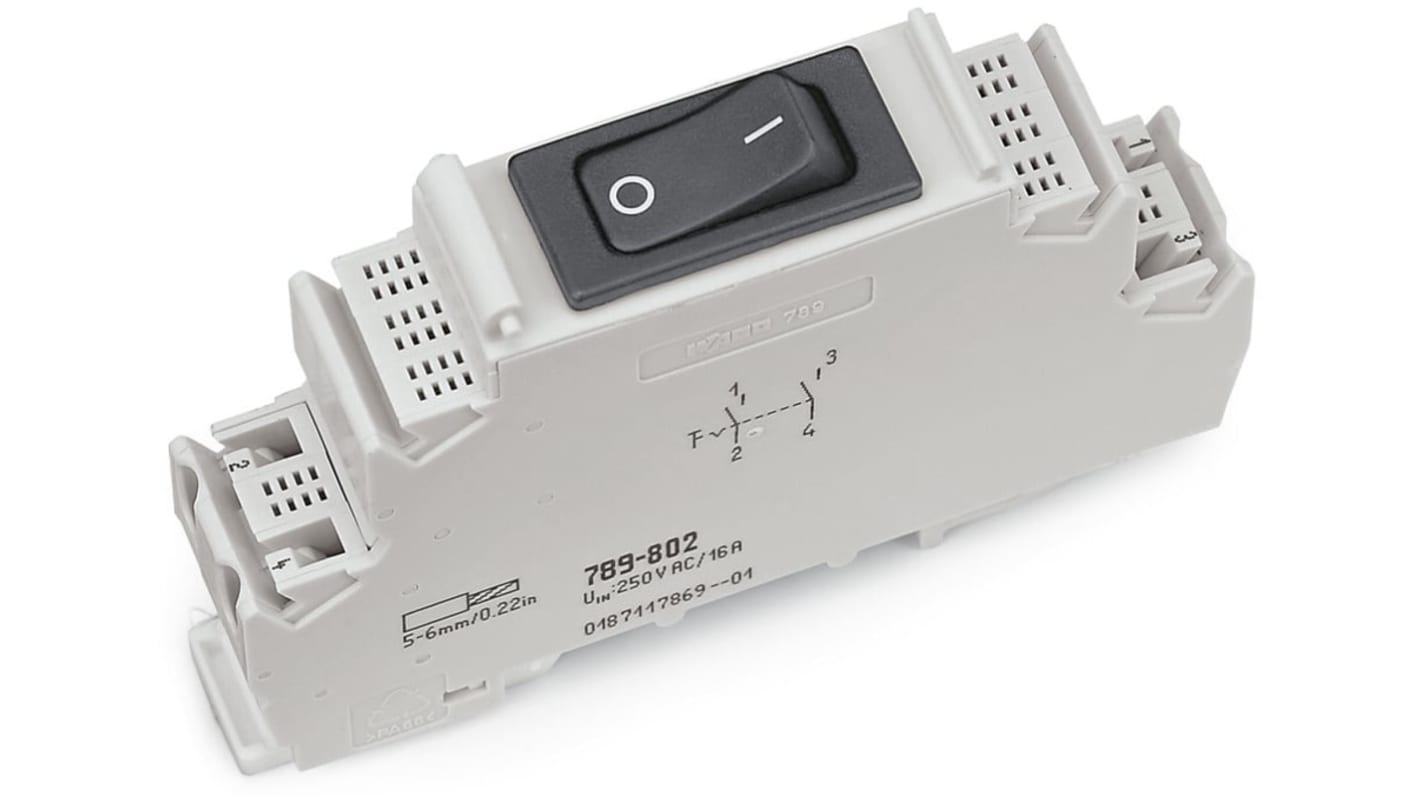 Interruttore automatico Wago 789-801, 16A 250V, montaggio su guida DIN 35, tecnologia CAGE CLAMP, conforme a ROHS.