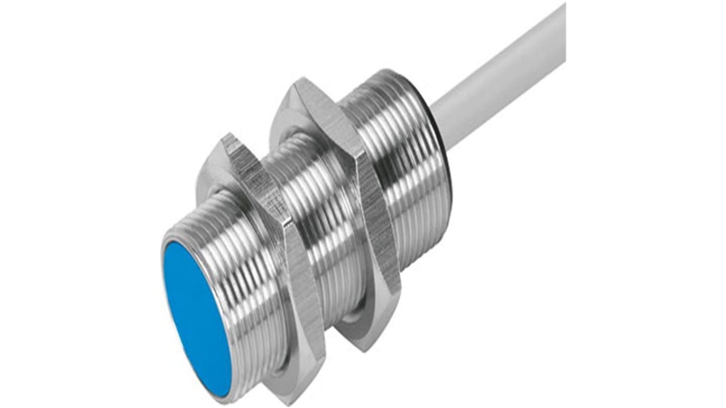 Sensore di prossimità cilindrico PNP Festo SIEN-M18B-PO-K-L, M18 x 1, rilevamento 5 mm, IP67, indicatore LED, per uso industriale.