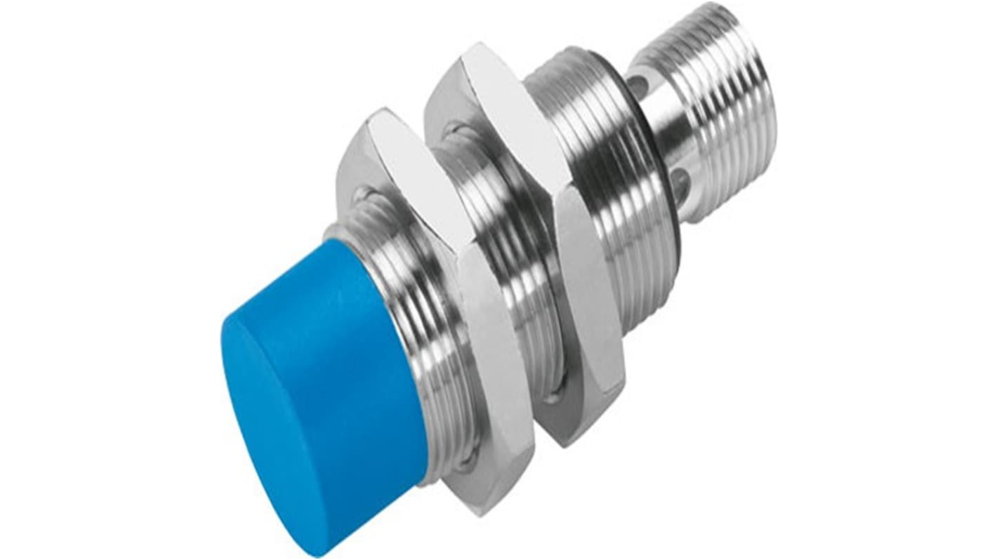 Festo SIEN-M18NB-PO-S-L, sensore di prossimità cilindrico PNP M18, rilevamento 8 mm, IP67, connettore maschio, LED di stato.