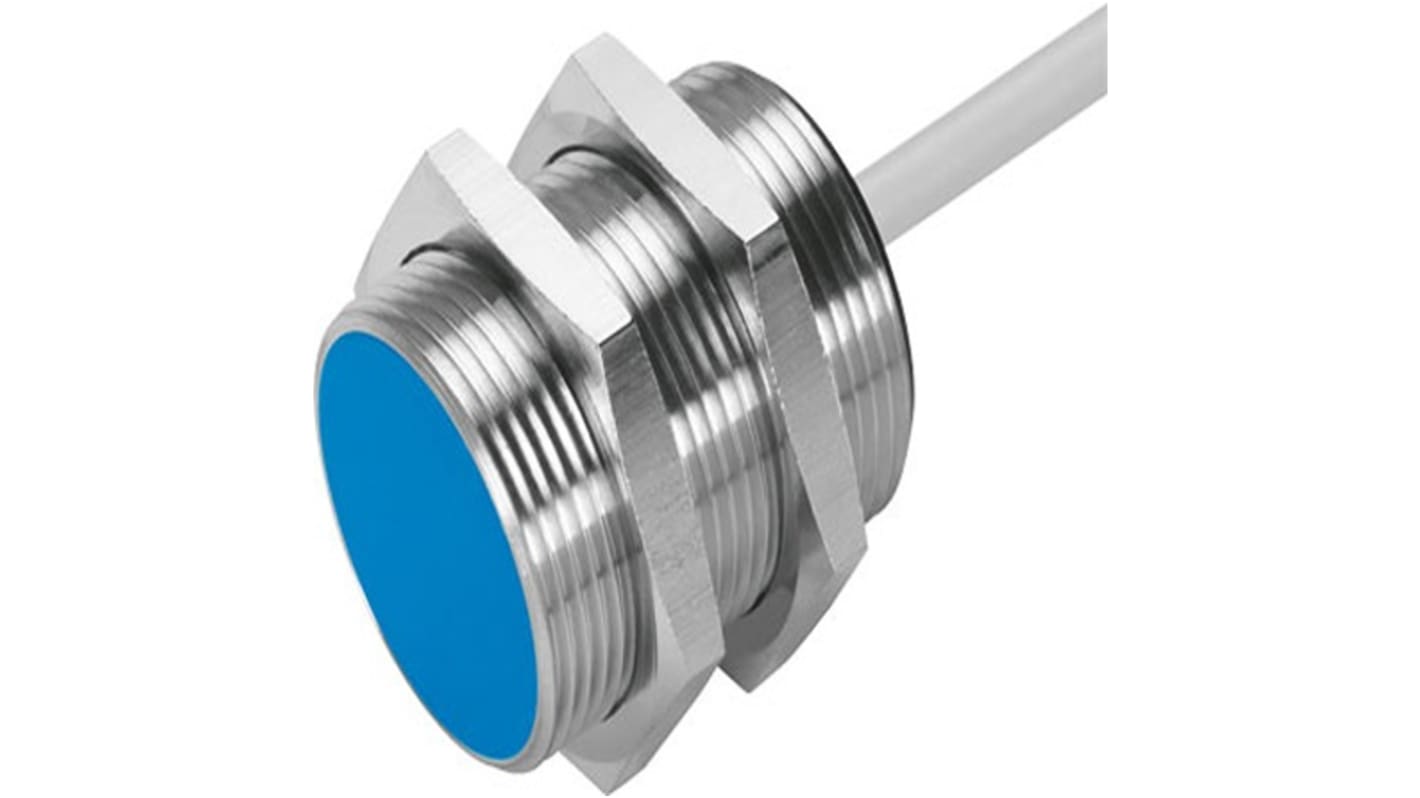 Sensore di prossimità cilindrico PNP Festo SIEN-M30B-PO-K-L, M30 x 1.5, rilevamento 10 mm, IP67, LED di stato, 10-30 V CC.