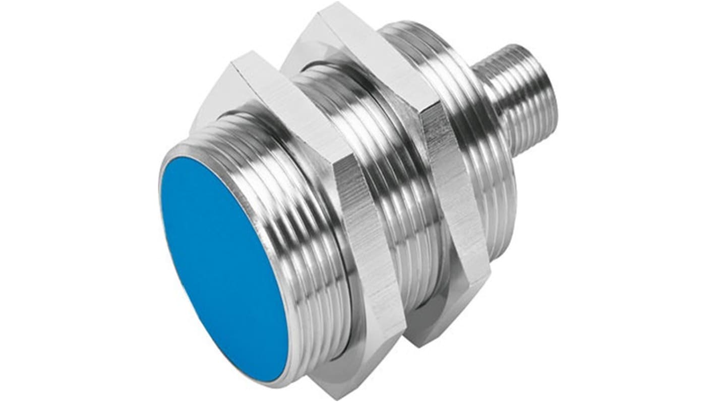 Festo SIEN-M30B-PO-S-L, sensore di prossimità cilindrico PNP M30, rilevamento 10 mm, IP67, connettore maschio, LED di stato.