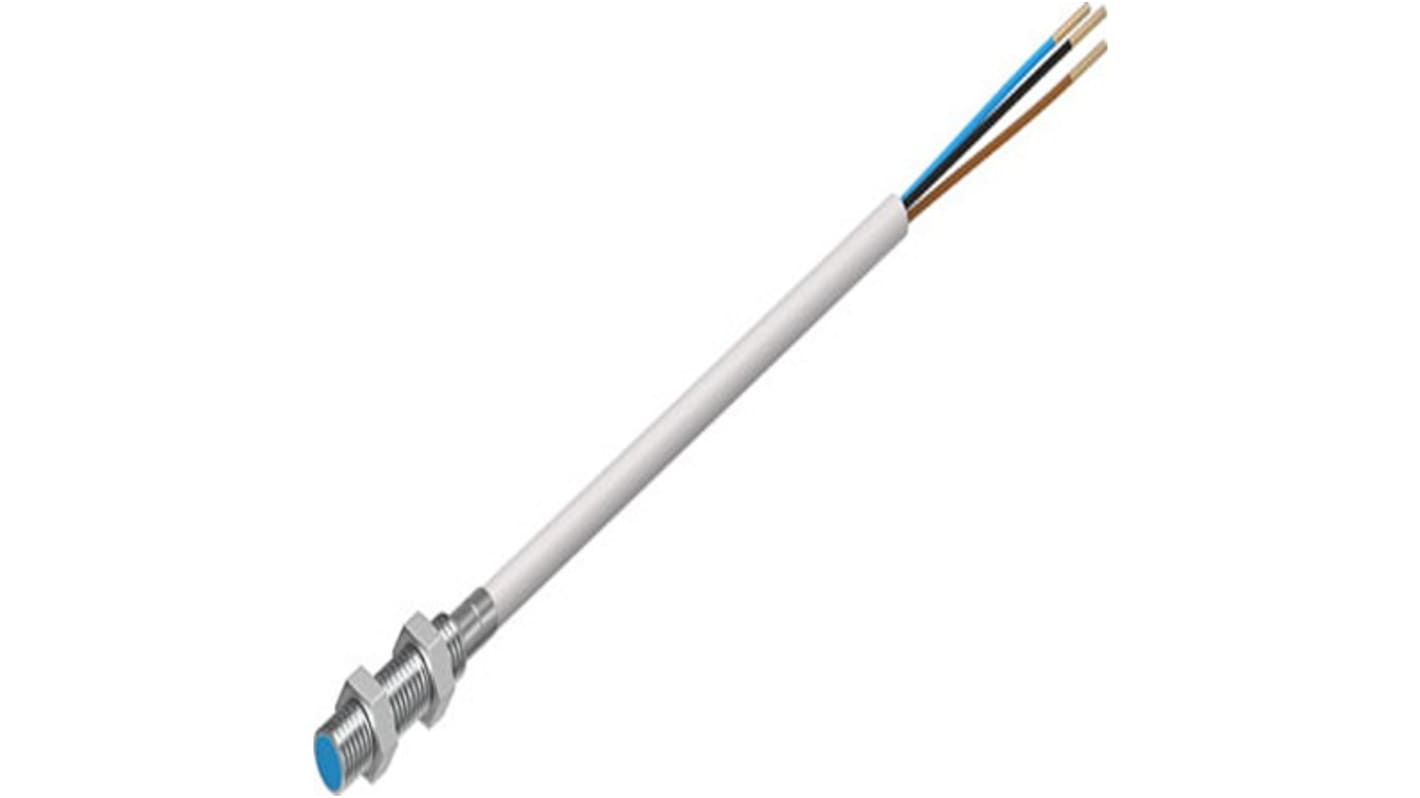 Sensore di prossimità cilindrico NPN Festo SIEN-M5B-NS-K-L, M5, rilevamento 0,8 mm, IP67, indicatore LED, per uso industriale.