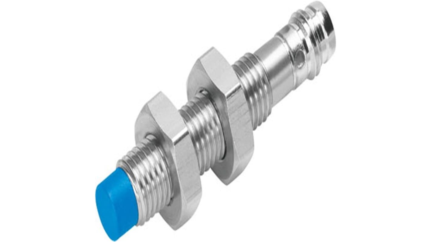 Sensore di prossimità cilindrico PNP M8 Festo SIEN-M8NB-PO-S-L, rilevamento 2,5 mm, IP65/IP67, con connettore maschio.