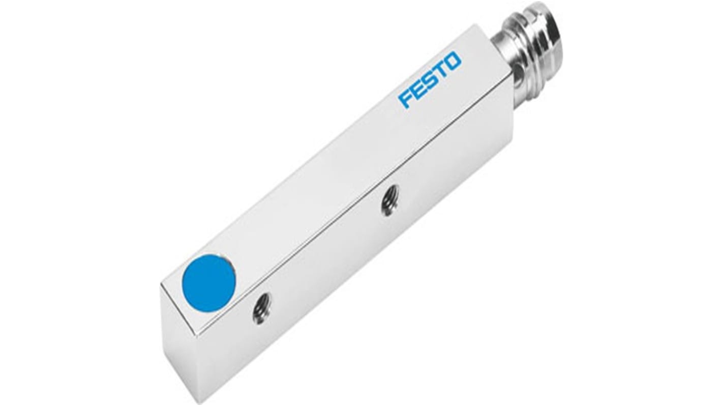 Sensore di prossimità Festo SIES-Q8B-PO-S-L, induttivo PNP, rilevamento 1,5 mm, alimentazione 10-30 V CC, IP67, design compatto.