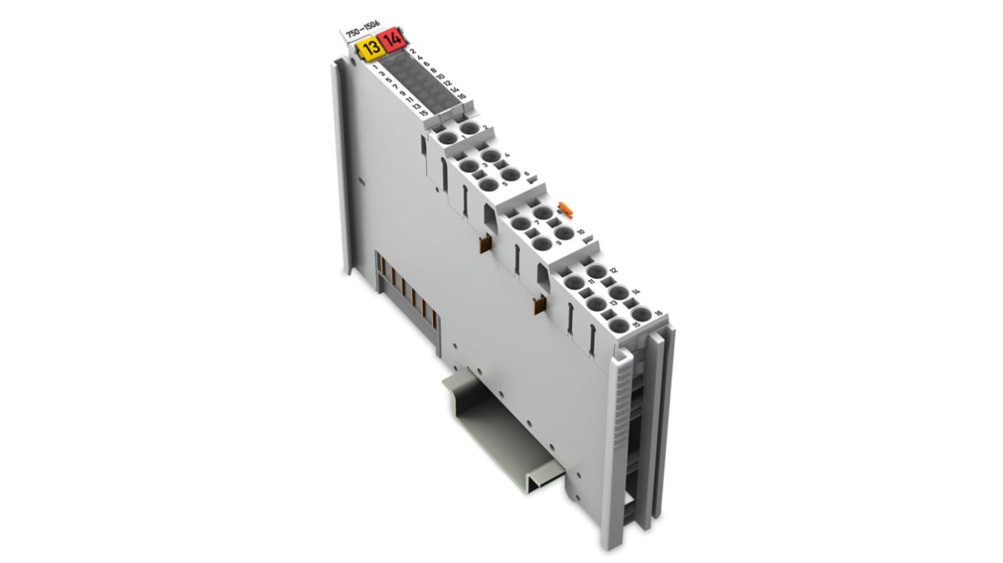 Modulo I/O digitale Wago 750-1506 per PLC, 8 ingressi e 8 uscite, montaggio su guida DIN, 12 mm di larghezza, 24 V c.c.