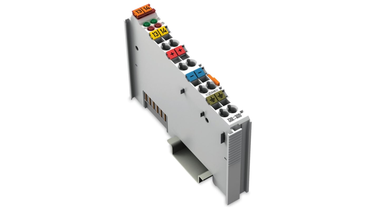 Modulo di uscita digitale Wago 750-506, 2 uscite, alimentazione 24 V c.c., montaggio su guida DIN 35, materiale policarbonato.