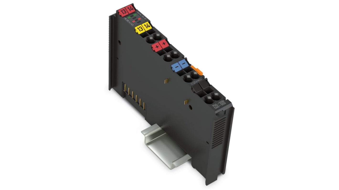 Modulo di uscita digitale Wago 750-508, 2 canali, alimentazione 24 V c.c., montaggio su guida DIN 35, materiale policarbonato.