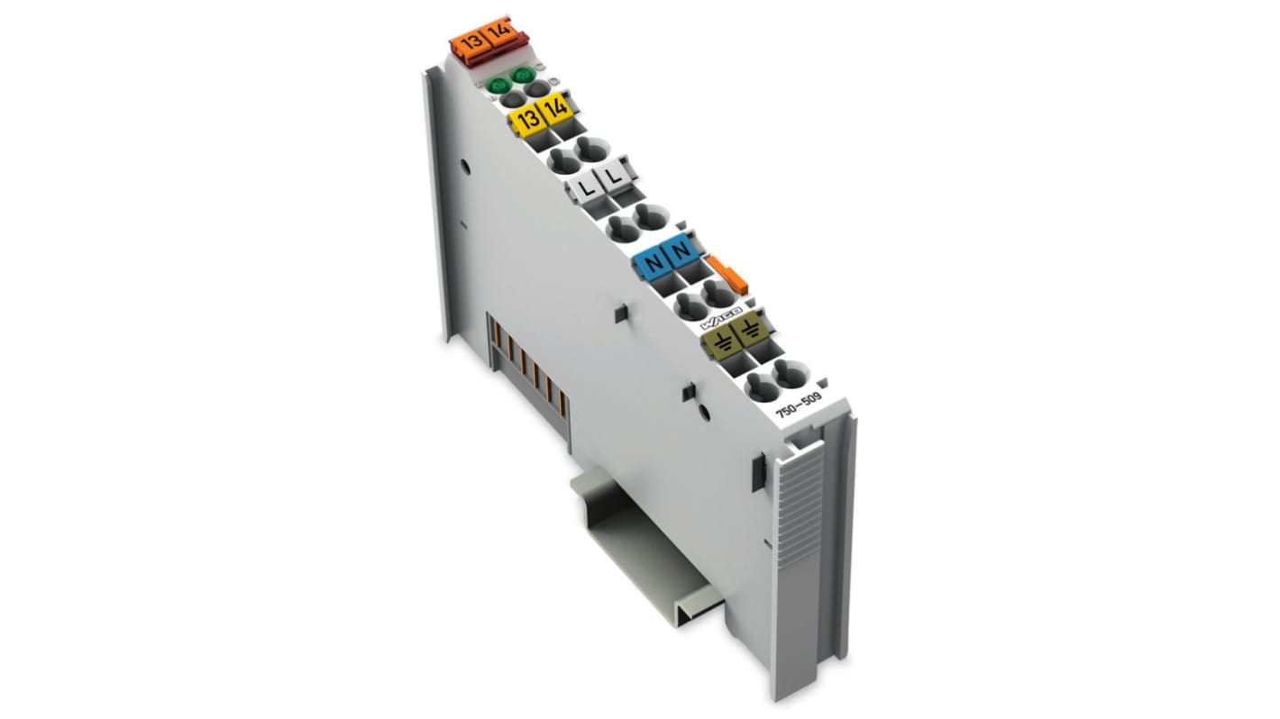 Modulo di uscita digitale Wago 750-509, 2 canali, tensione 250 V, montaggio su guida DIN 35, realizzato in materiali conformi RoHS.