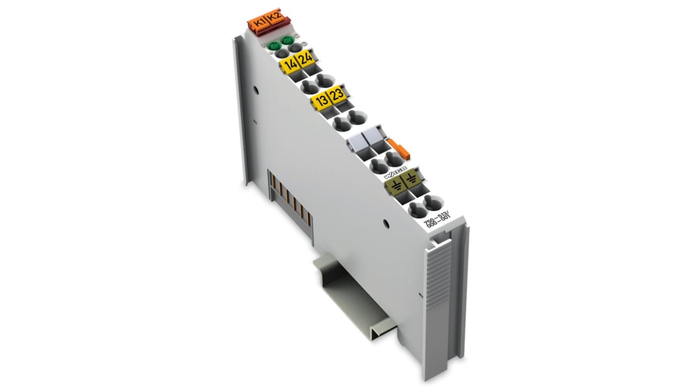 Modulo di uscita digitale Wago 750-513/000-001, montaggio su guida DIN 35, due uscite, alimentazione 5 V CC.