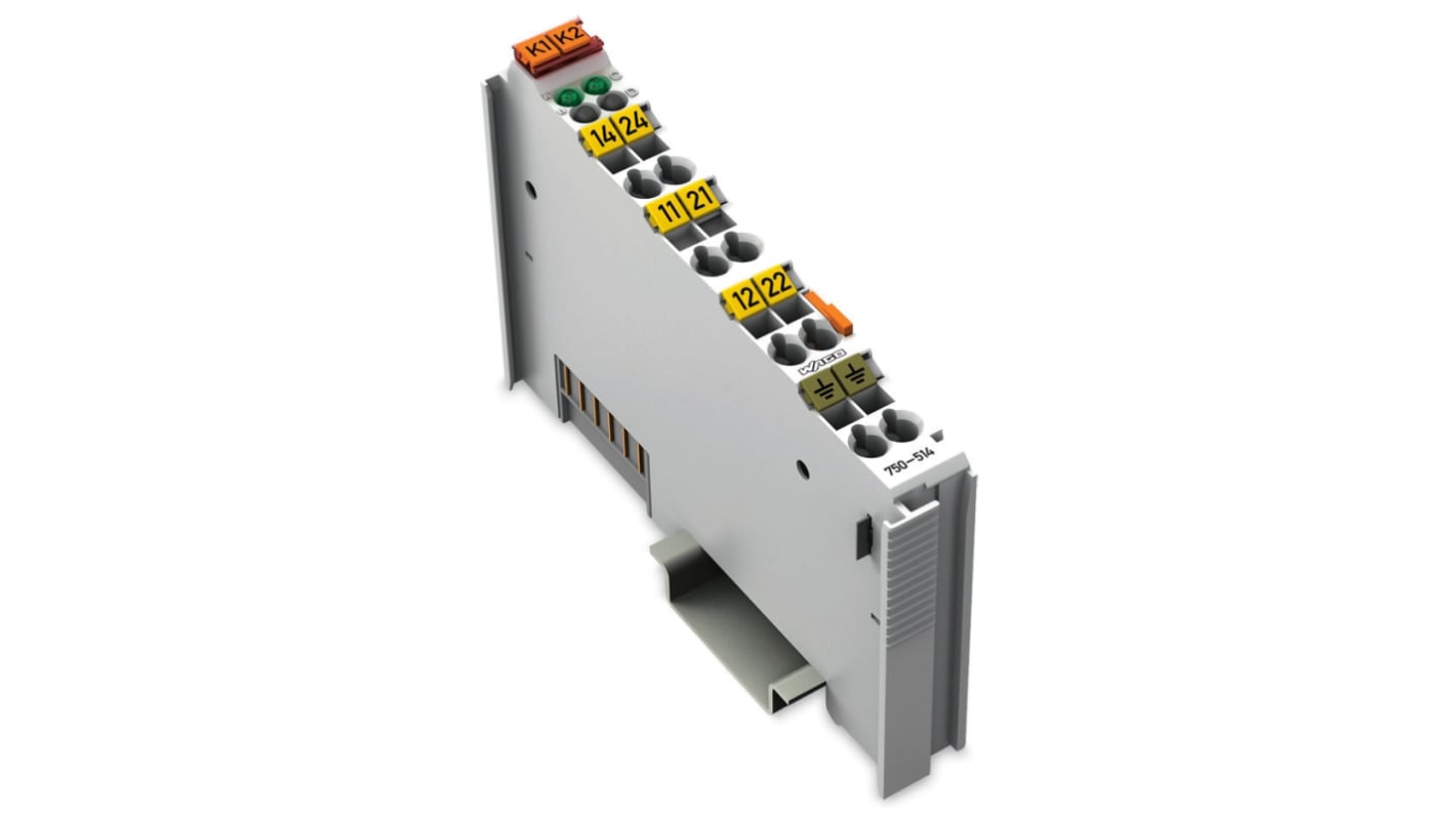 Modulo di uscita digitale Wago 750-514, 2 uscite, alimentazione 5 V CC, montaggio su guida DIN 35, conforme a RoHS.