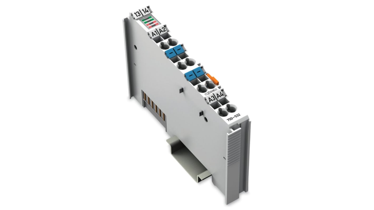 Modulo di uscita digitale Wago 750-532, 4 uscite, 24 V c.c., contenitore in policarbonato, conforme a RoHS.