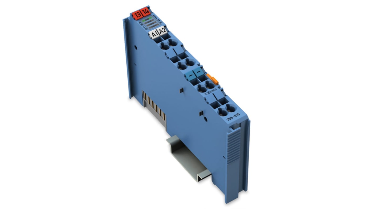 Modulo di uscita digitale Wago 750-535, 2 canali, alimentazione 24 V c.c., montaggio su guida DIN 35, materiale policarbonato.