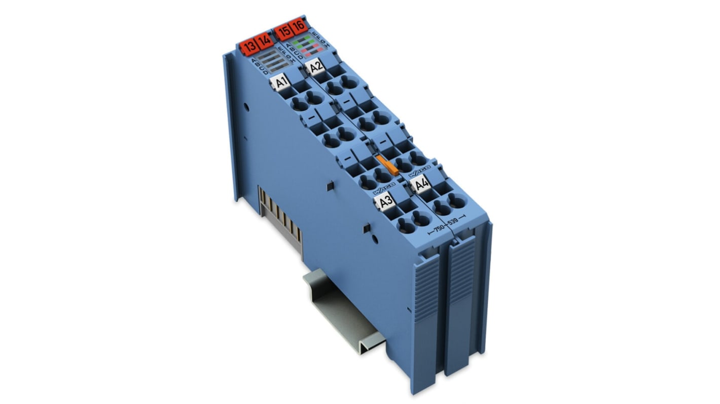 Modulo di uscita digitale Wago 750-539, 4 uscite, alimentazione 24 V c.c., contenitore in policarbonato, conforme a RoHS.