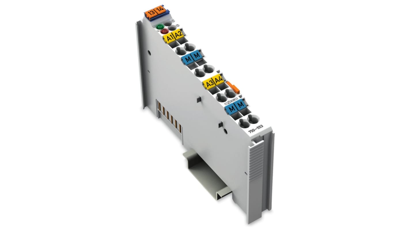Modulo di distribuzione di potenza Wago 750-553, 4 uscite analogiche 0-20 mA, alimentazione 24 V c.c., contenitore in policarbonato.