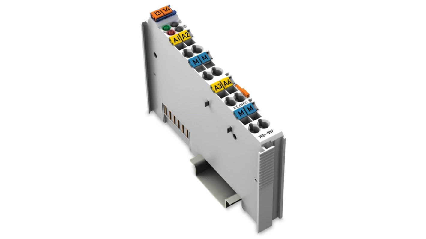 Modulo di distribuzione di potenza Wago 750-557, 4 uscite analogiche, alimentazione 24 V c.c., contenitore in policarbonato.