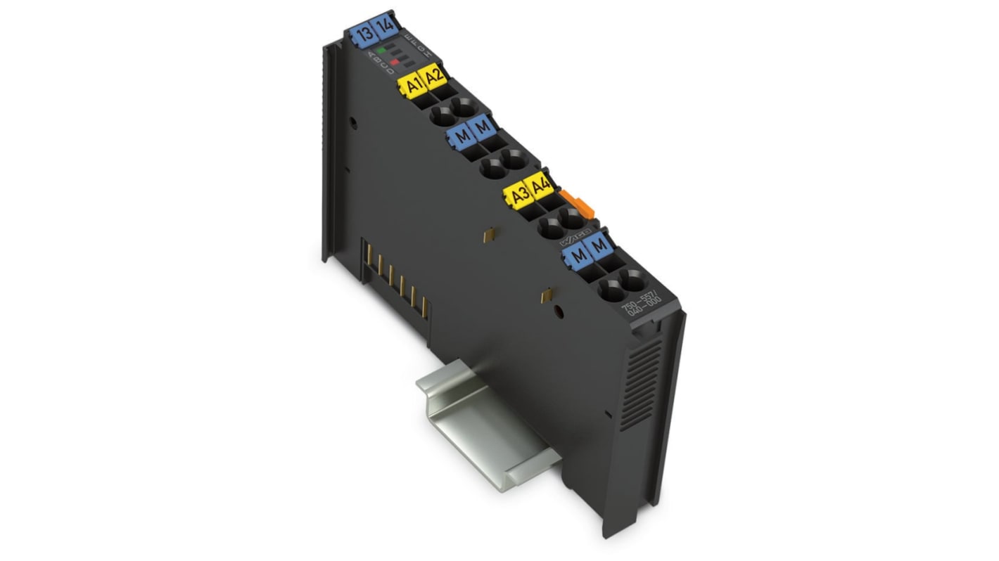 Modulo di distribuzione di potenza Wago 750-557/040-000, 4 uscite analogiche, alimentazione 24 V c.c., contenitore in policarbonato.
