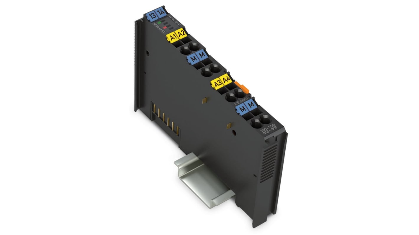 Modulo di distribuzione di potenza Wago 750-559/040-000, 4 uscite analogiche, alimentazione 24 V c.c., temperatura operativa 0-55 °C.