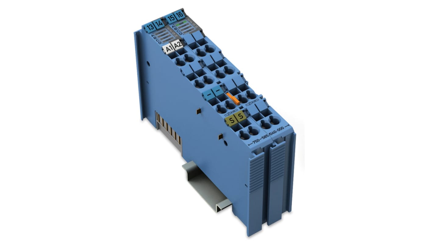 Modulo di distribuzione di potenza Wago 750-585/040-000, 2 canali, 24 V c.c., montaggio su guida DIN 35, in policarbonato.