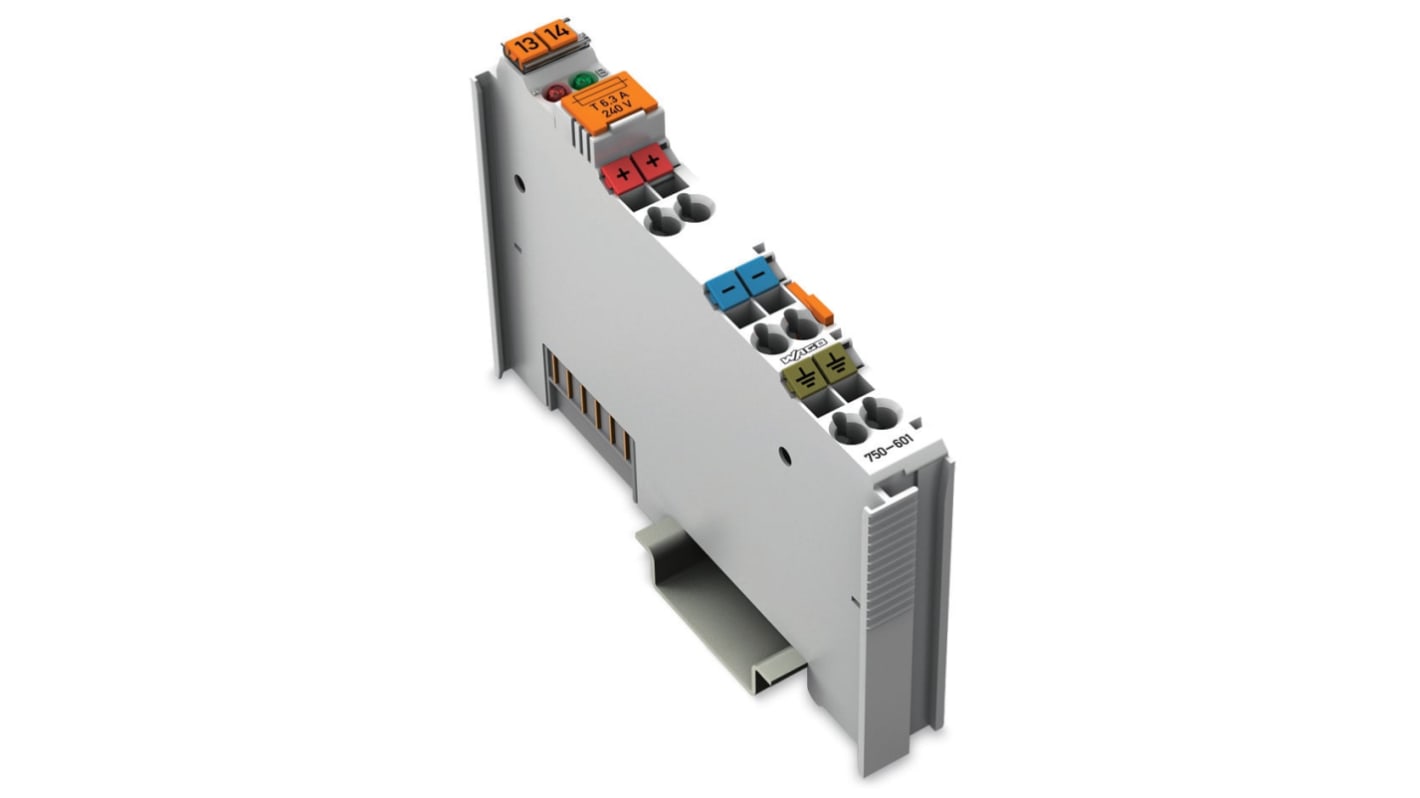 Modulo I/O Wago 750-601, alimentazione 24 V c.c., corrente massima 6,3 A, montaggio su guida DIN 35, fusibile sostituibile.