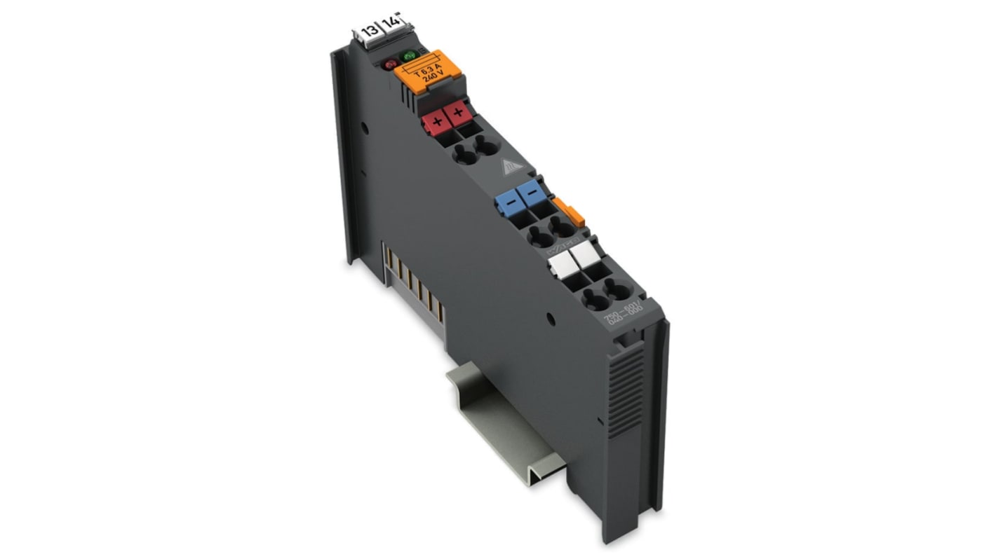 Modulo I/O Wago 750-601040000, alimentazione 24 V c.c., corrente massima 6,3 A, progettato per resistere a vibrazioni e urti.