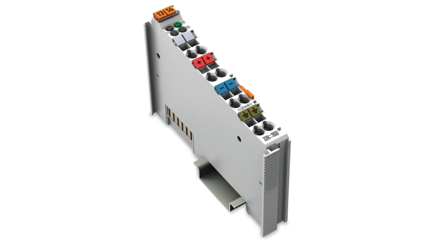 Modulo I/O Wago 750-602/025-000, alimentazione 24 V c.c., montaggio su guida DIN 35, corrente massima 10 A, conforme a RoHS.