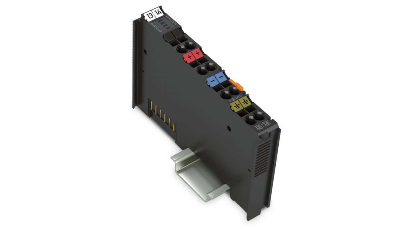 Modulo I/O Wago 750-612/040-000, alimentazione 230 V, corrente massima 10 A, progettato per resistere a vibrazioni e interferenze.