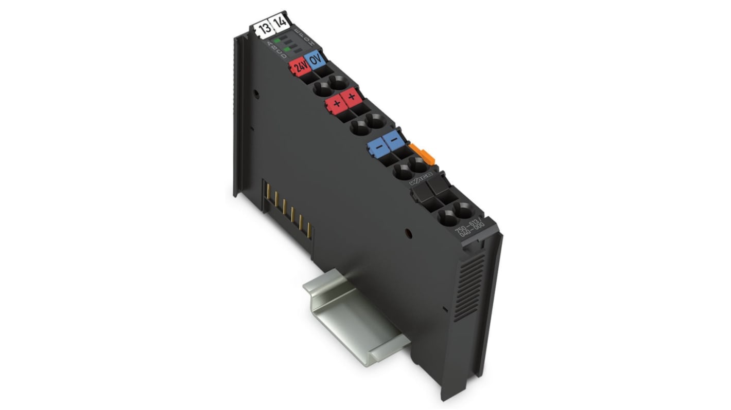 Modulo I/O Wago 750-613/040-000, alimentazione 24 V c.c., capacità di 2 A, resistenza a vibrazioni, compatibile con moduli aggiuntivi.