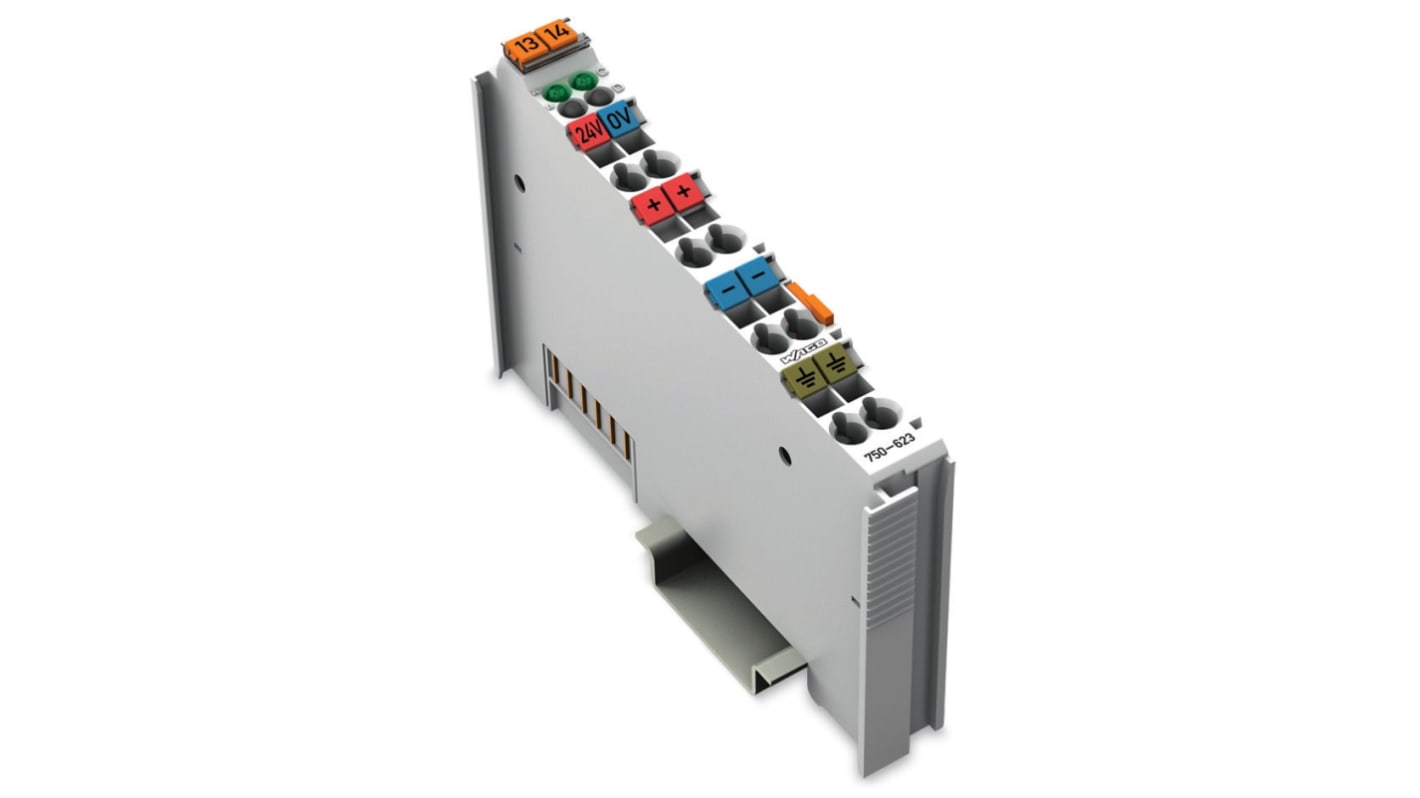 Modulo I/O Wago 750-623, tensione di ingresso 24 V c.c., montaggio su guida DIN 35, LED di stato, collegamenti CAGE CLAMP.