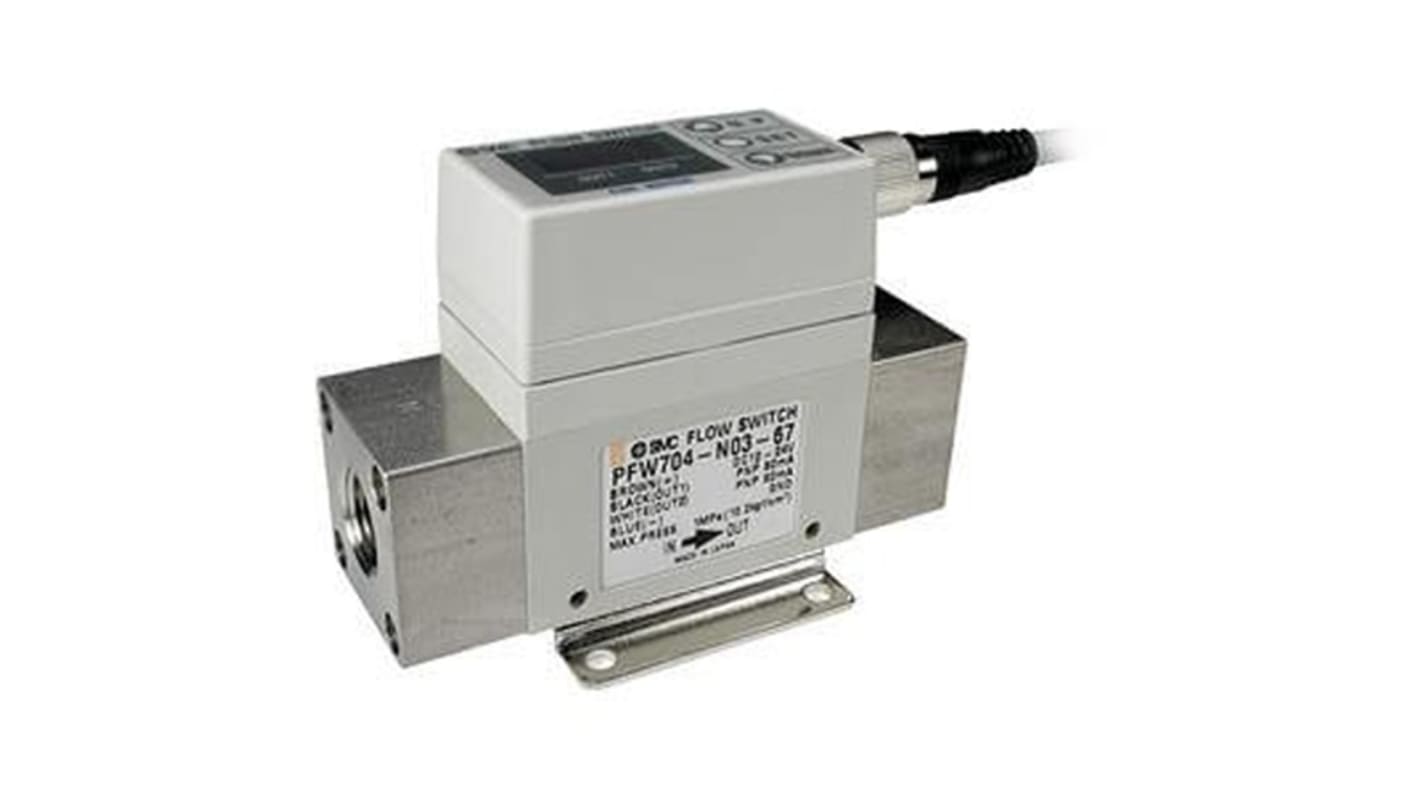 Interruttore di flusso SMC PF2W720-F04-67 per acqua, monitoraggio da 2 a 16 l/min, alimentazione 12-24 V CC.