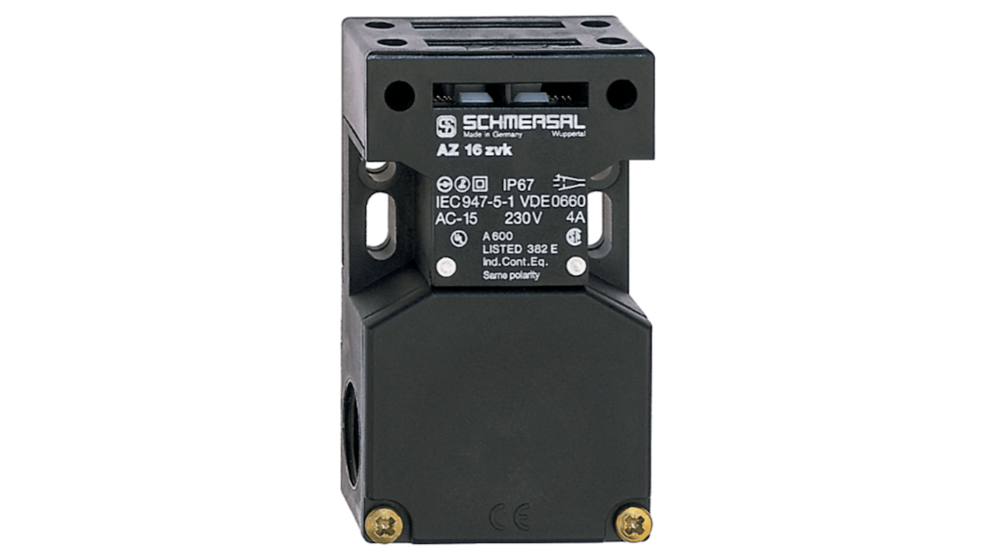 Interruttore di interblocco di sicurezza a chiave Schmersal AZ 16-12ZVK-M20, 2NC/1NA, custodia in termoplastico rinforzato, attuatore incluso.