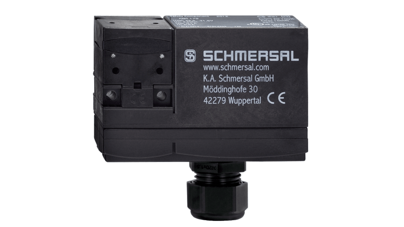Interruttore di interblocco a solenoide Schmersal AZM170-02ZK-24VAC/DC, design compatto, tensione 24V, configurazione NC, attuatore incluso.
