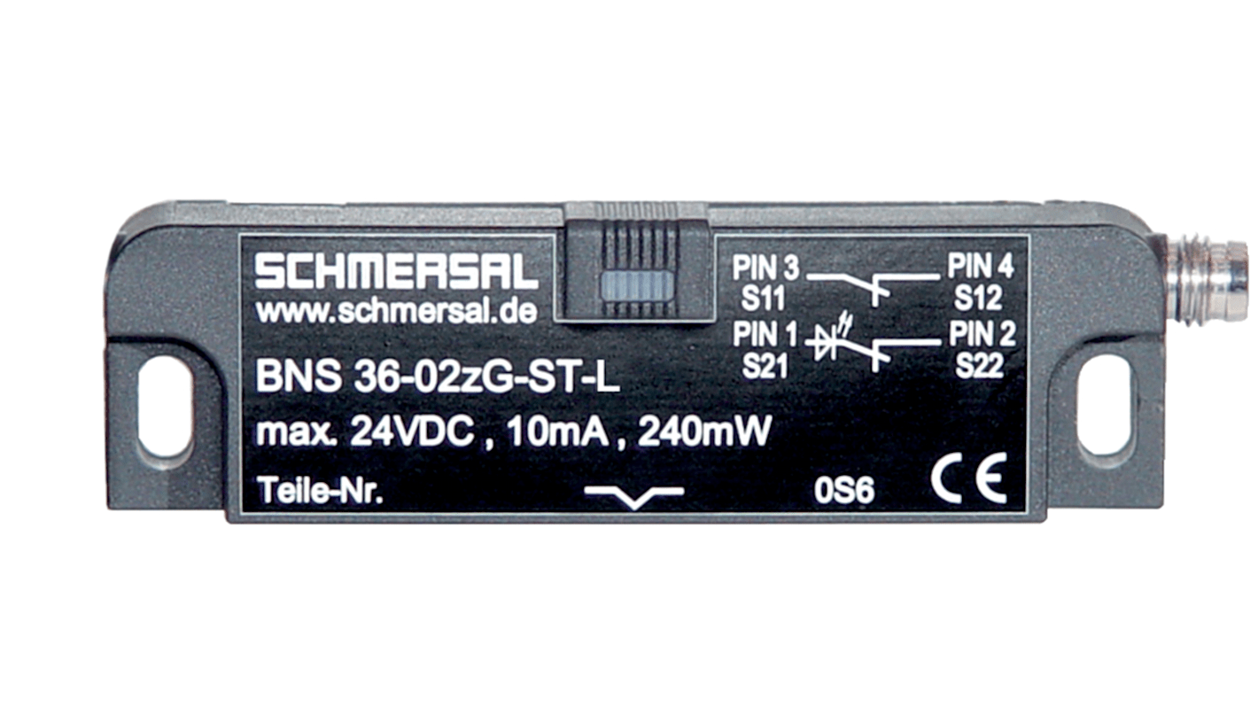 Interruttore di sicurezza Schmersal BNS 36-02/01ZG-ST-L, senza contatto, IP67, dimensioni 37mm x 15mm, installazione a livello.