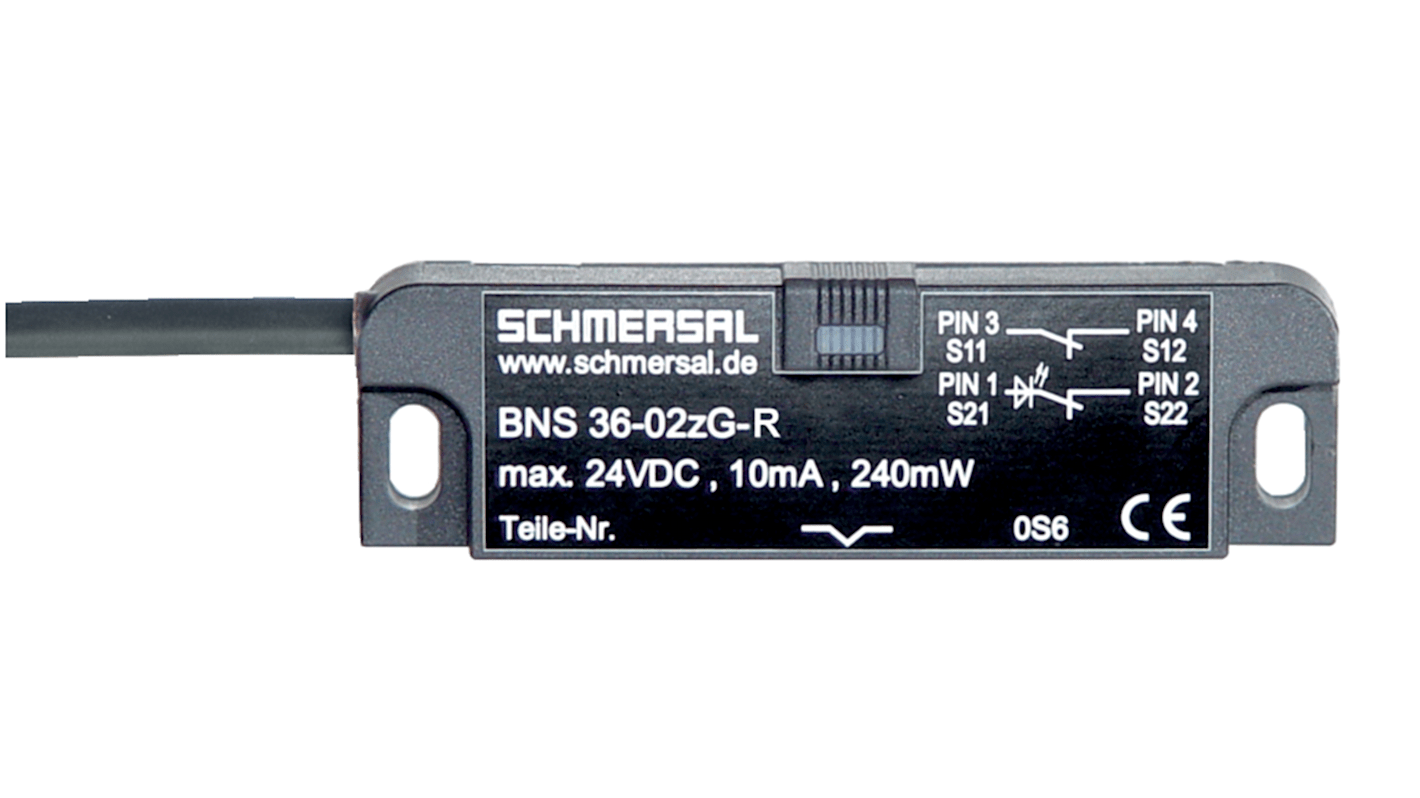 Interruttore di sicurezza Schmersal BNS36-02Z-R, sensore magnetico IP67, installazione a livello, dimensioni 15mm x 37mm.